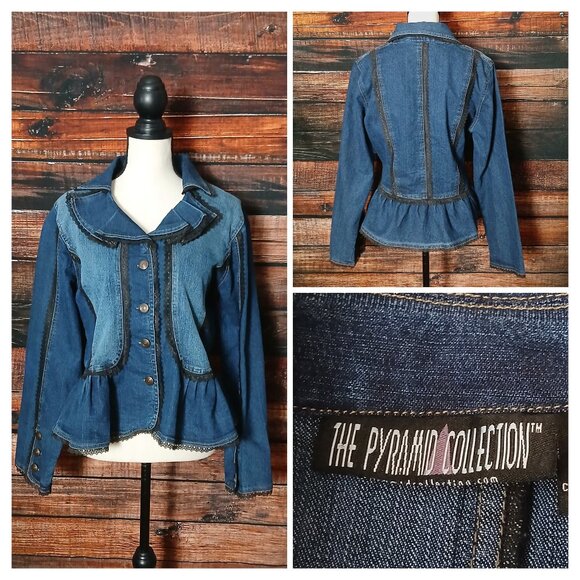 Pyramid Collection Jean Jacket L Lace Trim Peplum Blue Denim - Picture 1 of 9